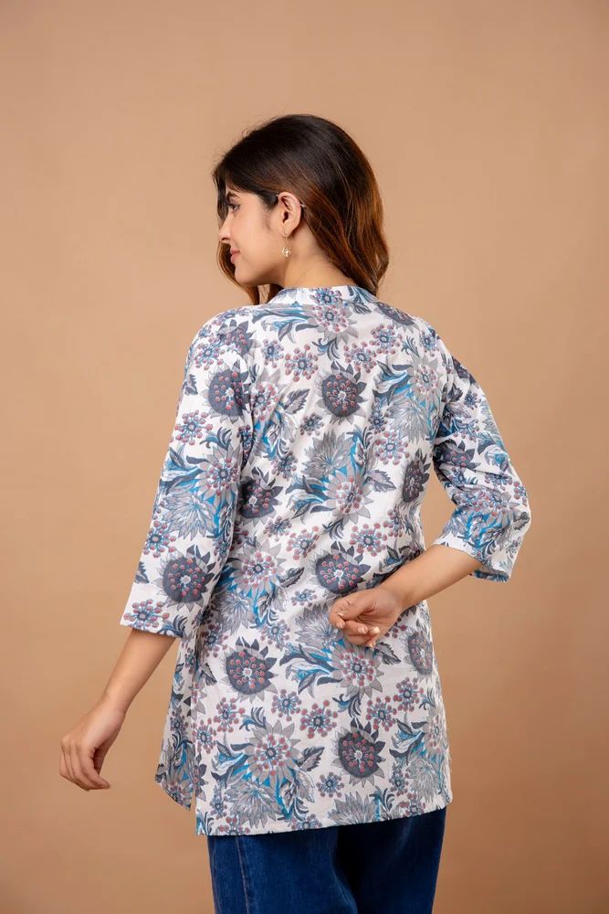 Grey Digital Printed Cotton Short Kurti Top Set for Women