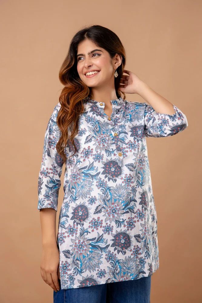Grey Digital Printed Cotton Short Kurti Top Set for Women