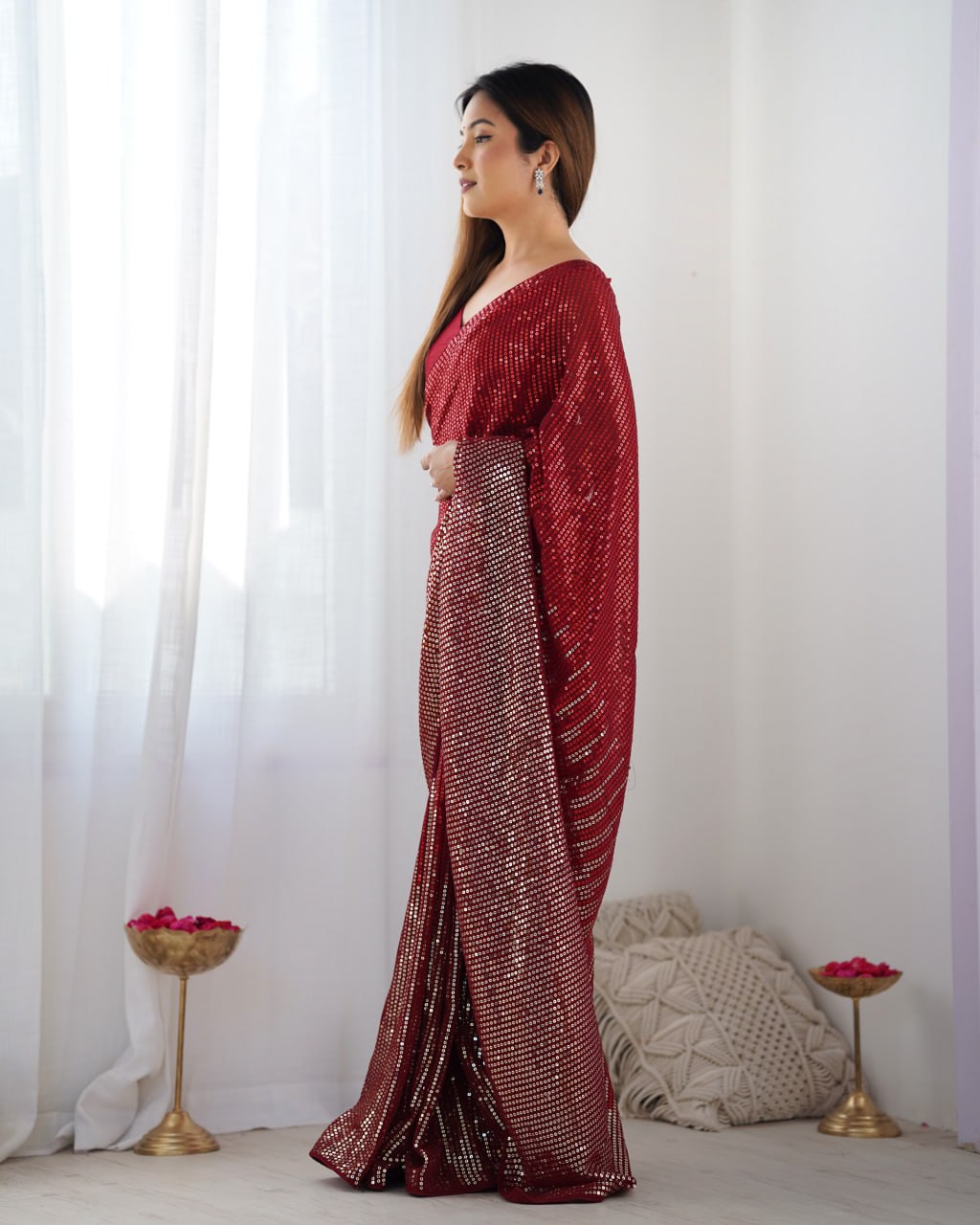 Elegant Heavy Georgette Embroidered Red Saree with Unstitched Blouse