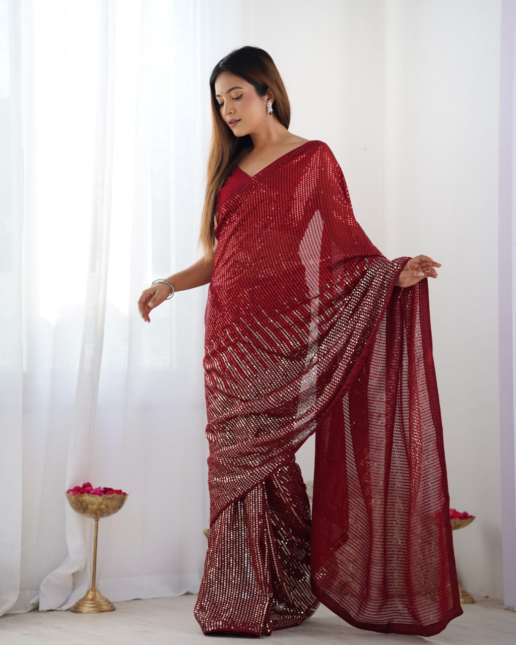 Elegant Heavy Georgette Embroidered Red Saree with Unstitched Blouse