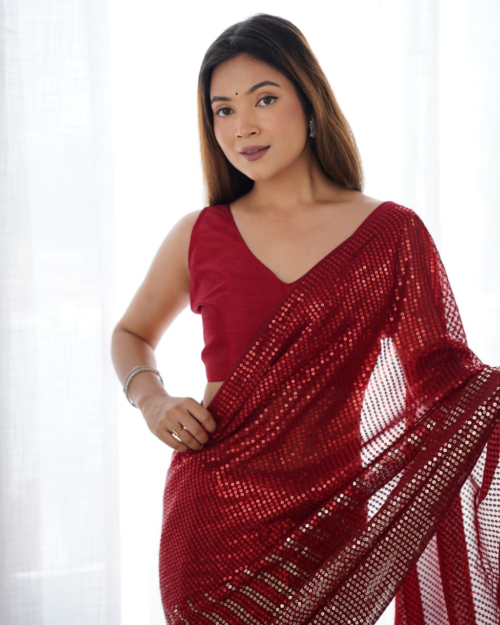 Elegant Heavy Georgette Embroidered Red Saree with Unstitched Blouse