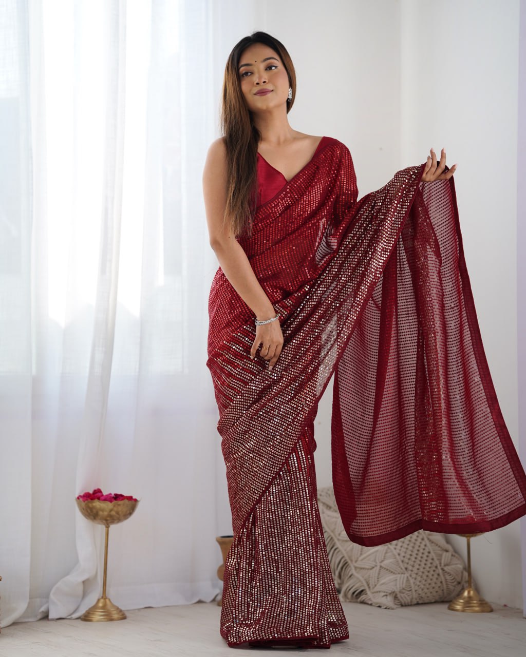 Elegant Heavy Georgette Embroidered Red Saree with Unstitched Blouse
