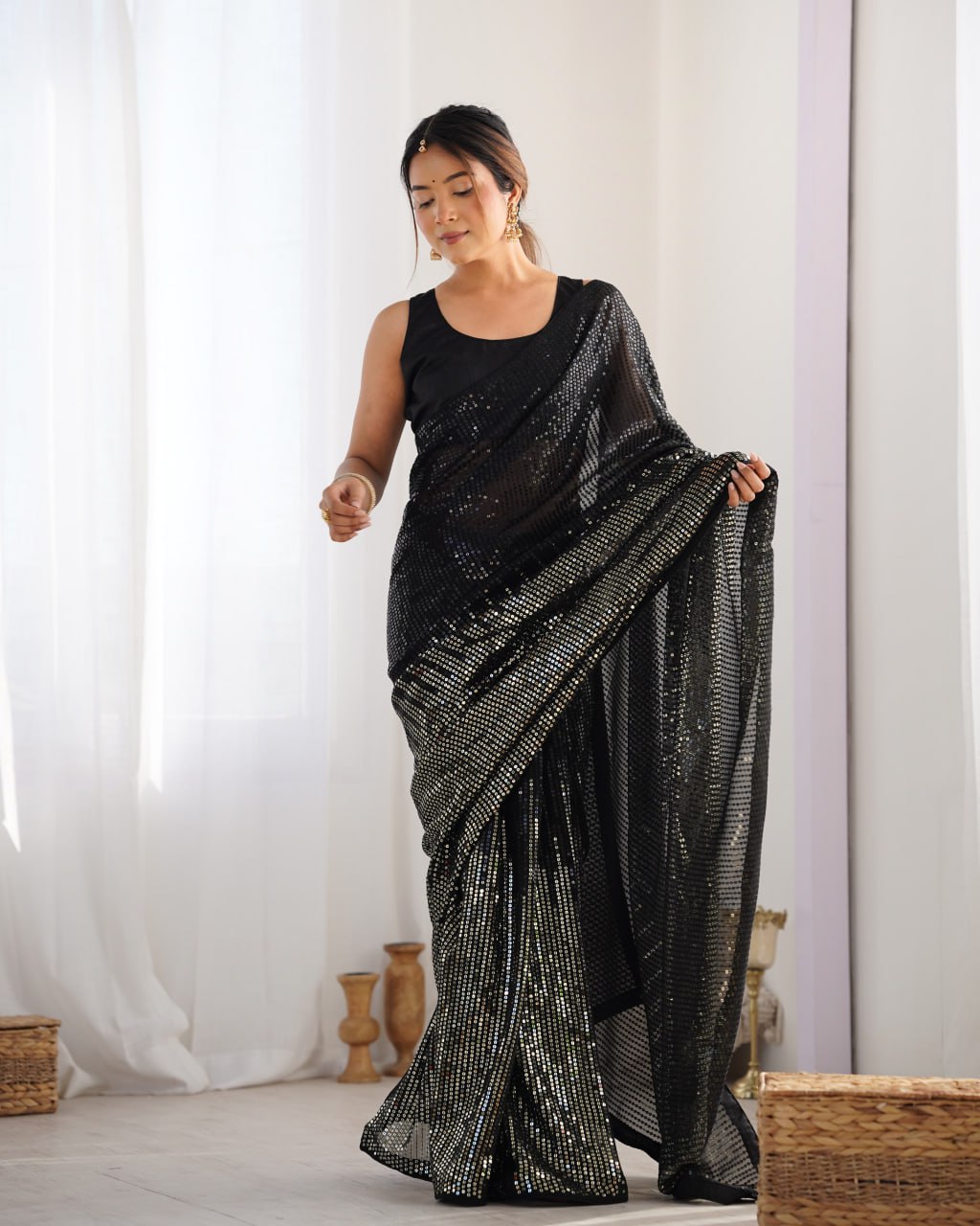 Elegant Heavy Georgette Embroidered Black Saree with Unstitched Blouse