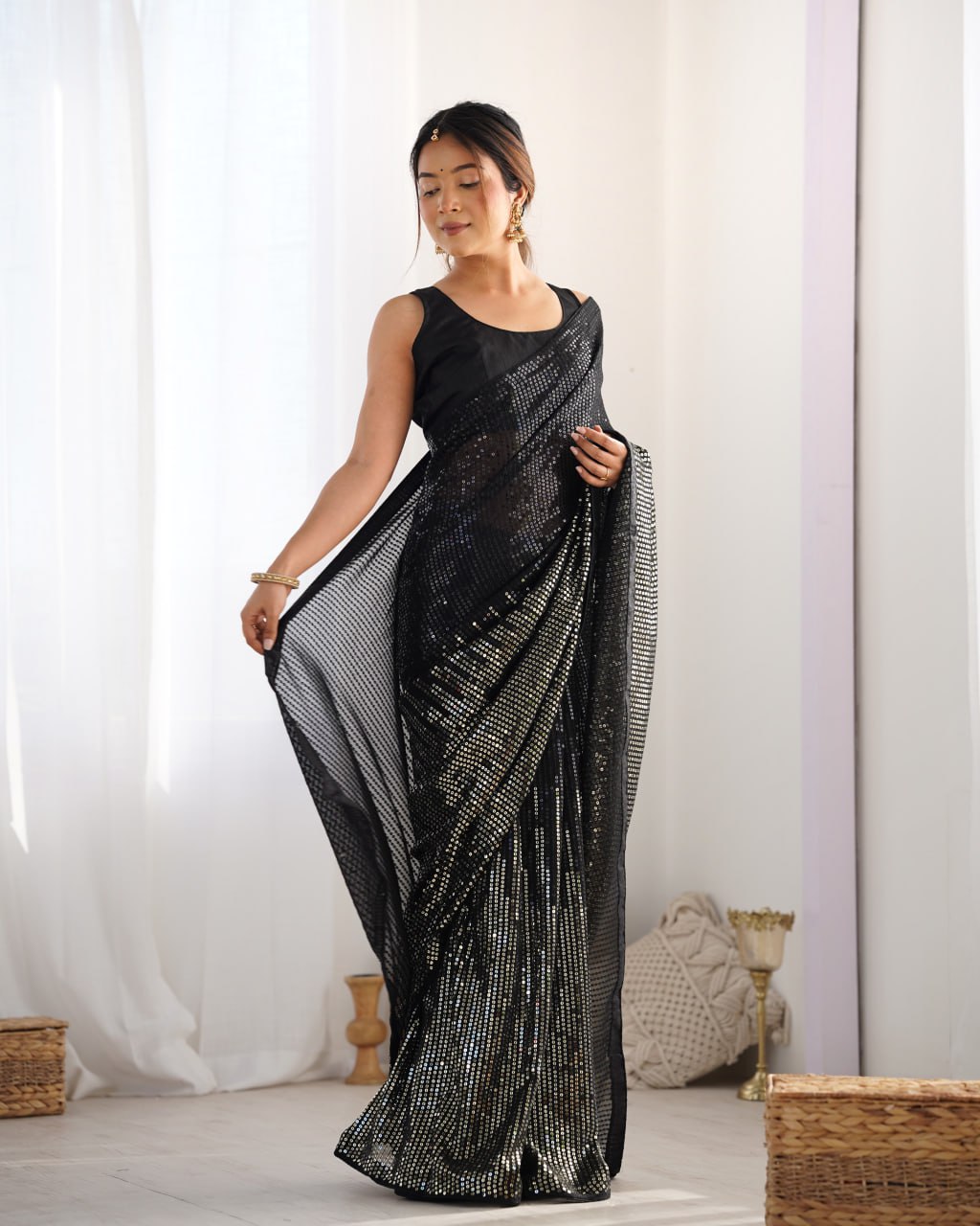 Elegant Heavy Georgette Embroidered Black Saree with Unstitched Blouse