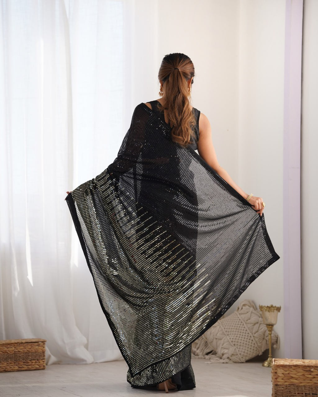 Elegant Heavy Georgette Embroidered Black Saree with Unstitched Blouse