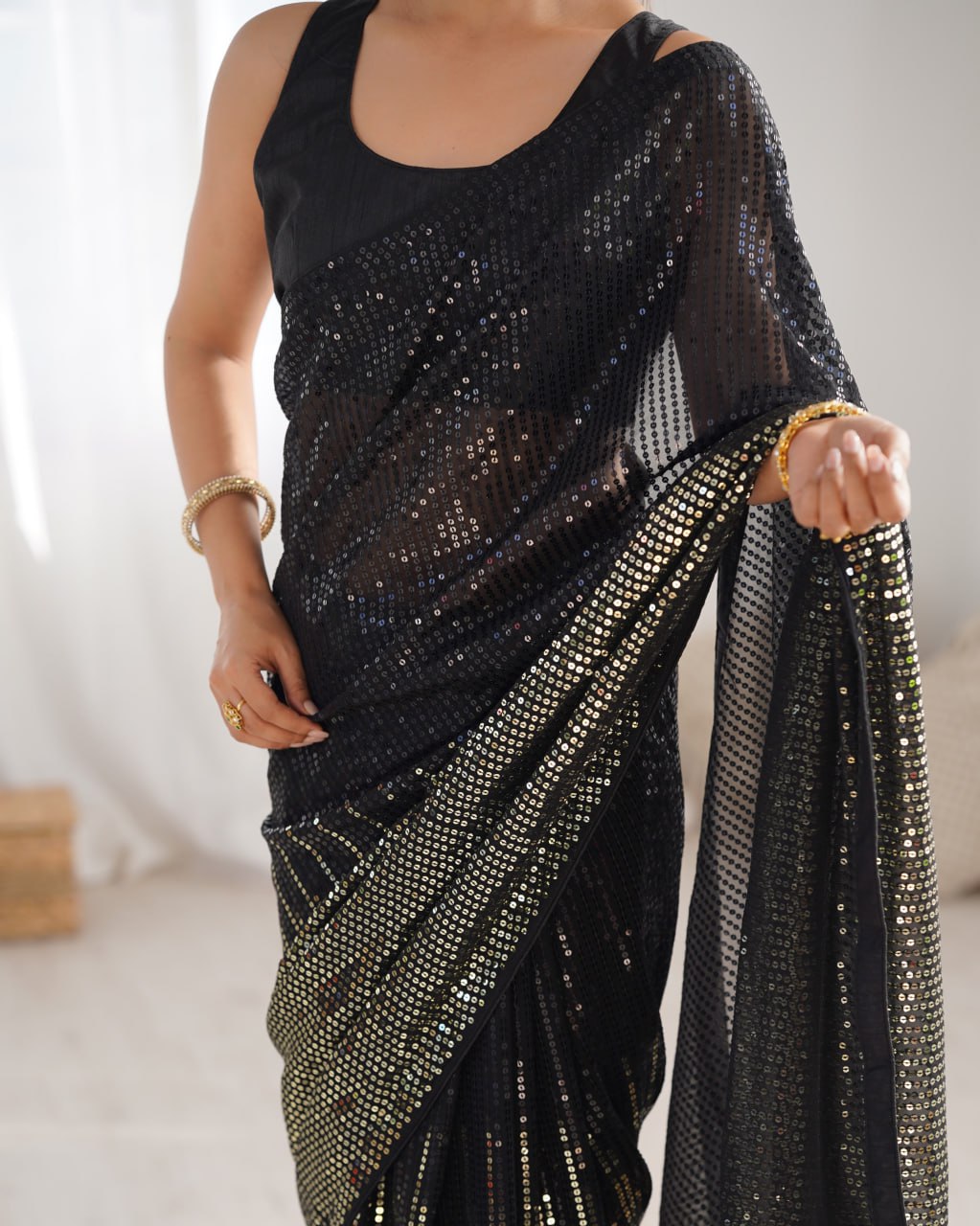 Elegant Heavy Georgette Embroidered Black Saree with Unstitched Blouse