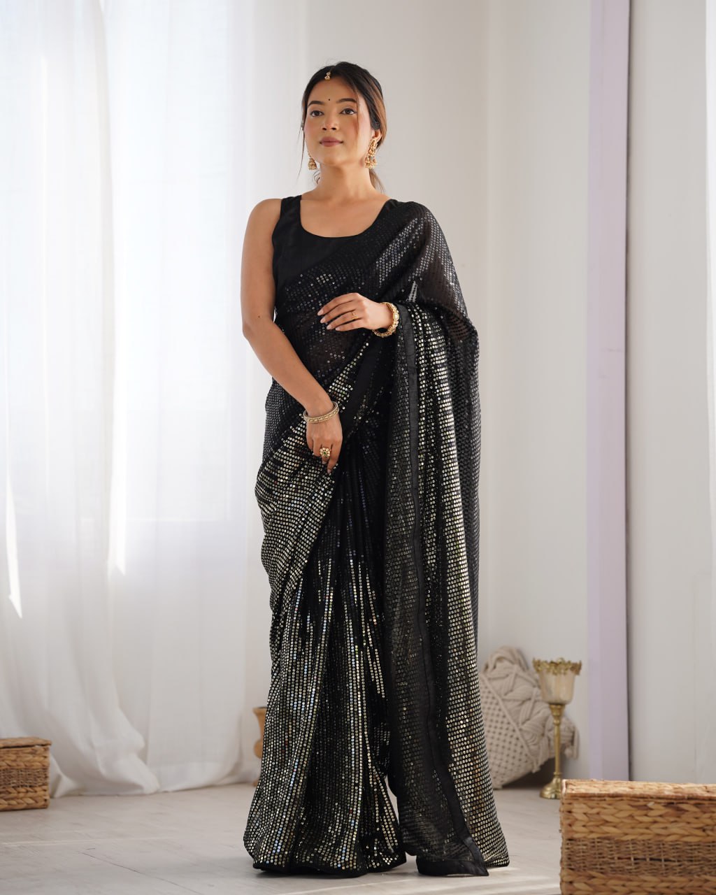Elegant Heavy Georgette Embroidered Black Saree with Unstitched Blouse