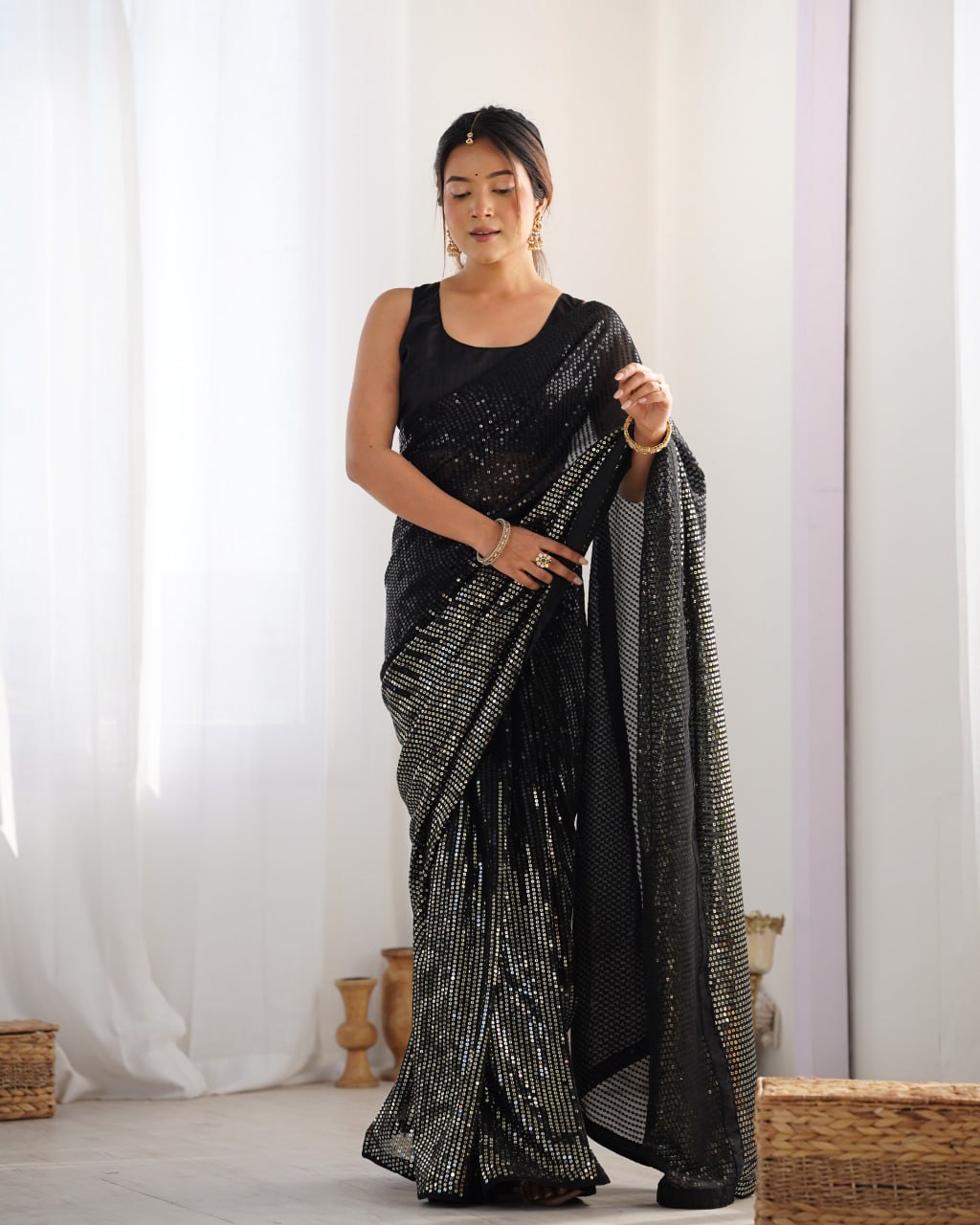 Elegant Heavy Georgette Embroidered Black Saree with Unstitched Blouse