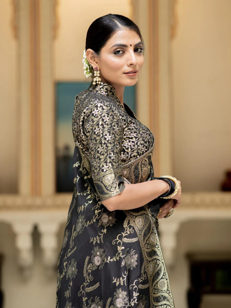 Black Silk Saree With Unstitched Brocade Heavy Work Blouse