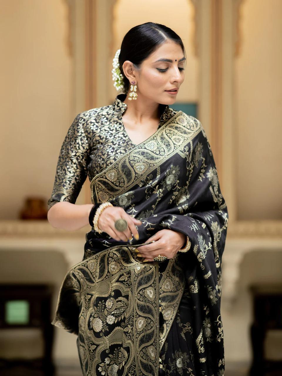 Black Silk Saree With Unstitched Brocade Heavy Work Blouse