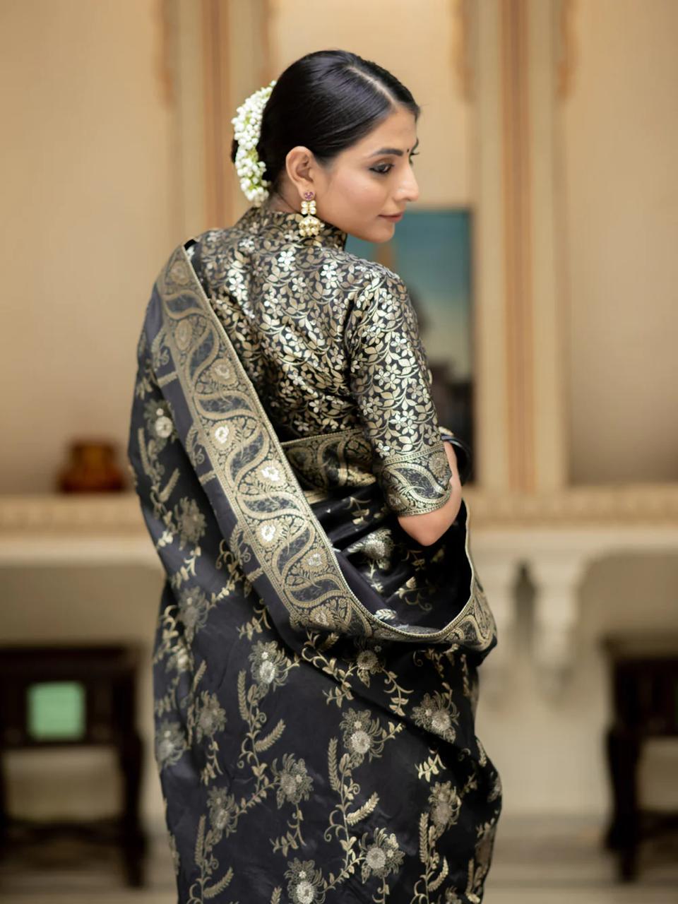 Black Silk Saree With Unstitched Brocade Heavy Work Blouse