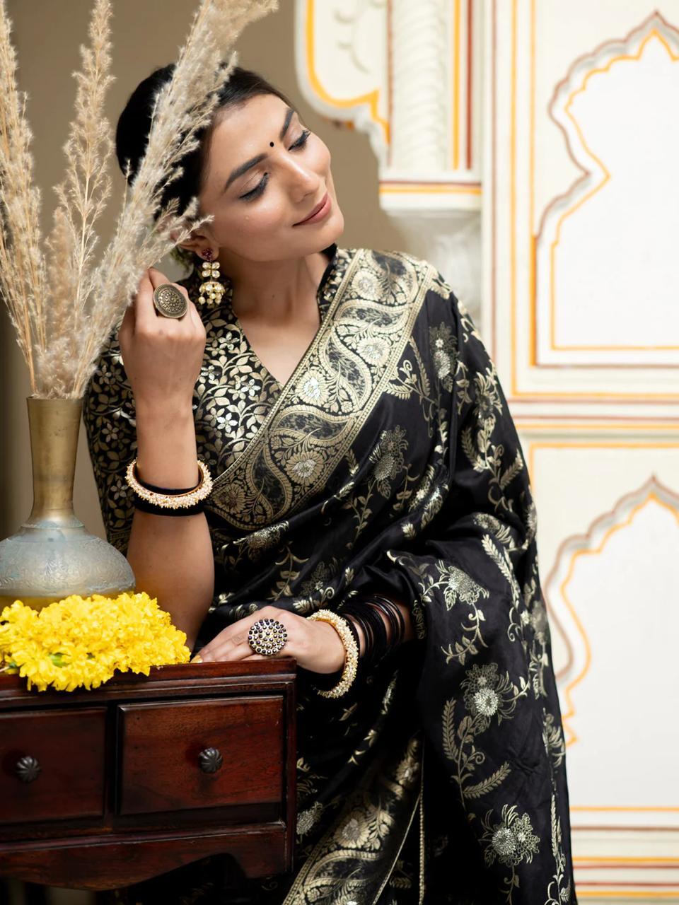 Black Silk Saree With Unstitched Brocade Heavy Work Blouse
