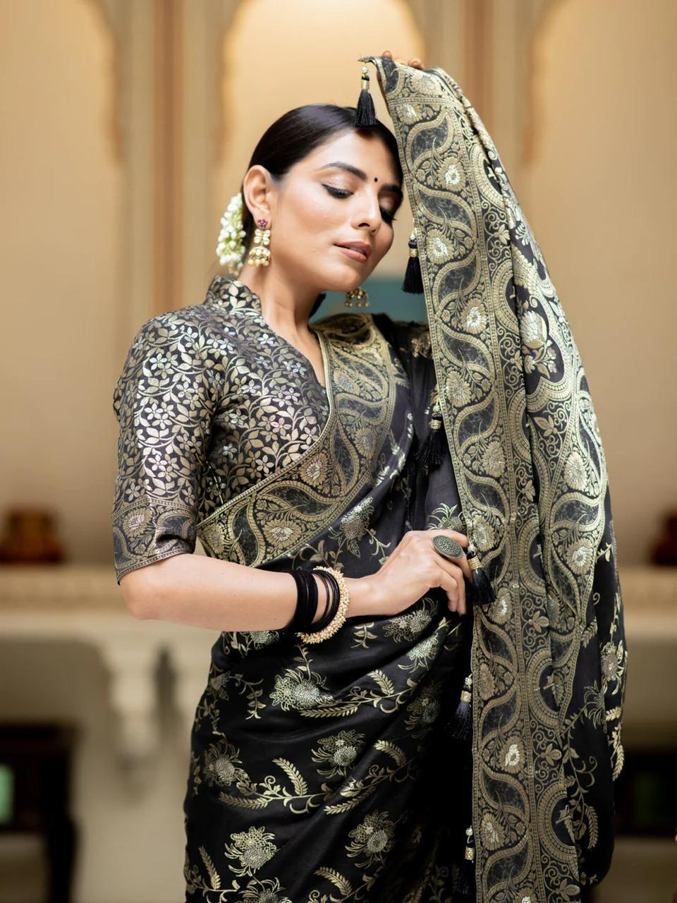 Black Silk Saree With Unstitched Brocade Heavy Work Blouse