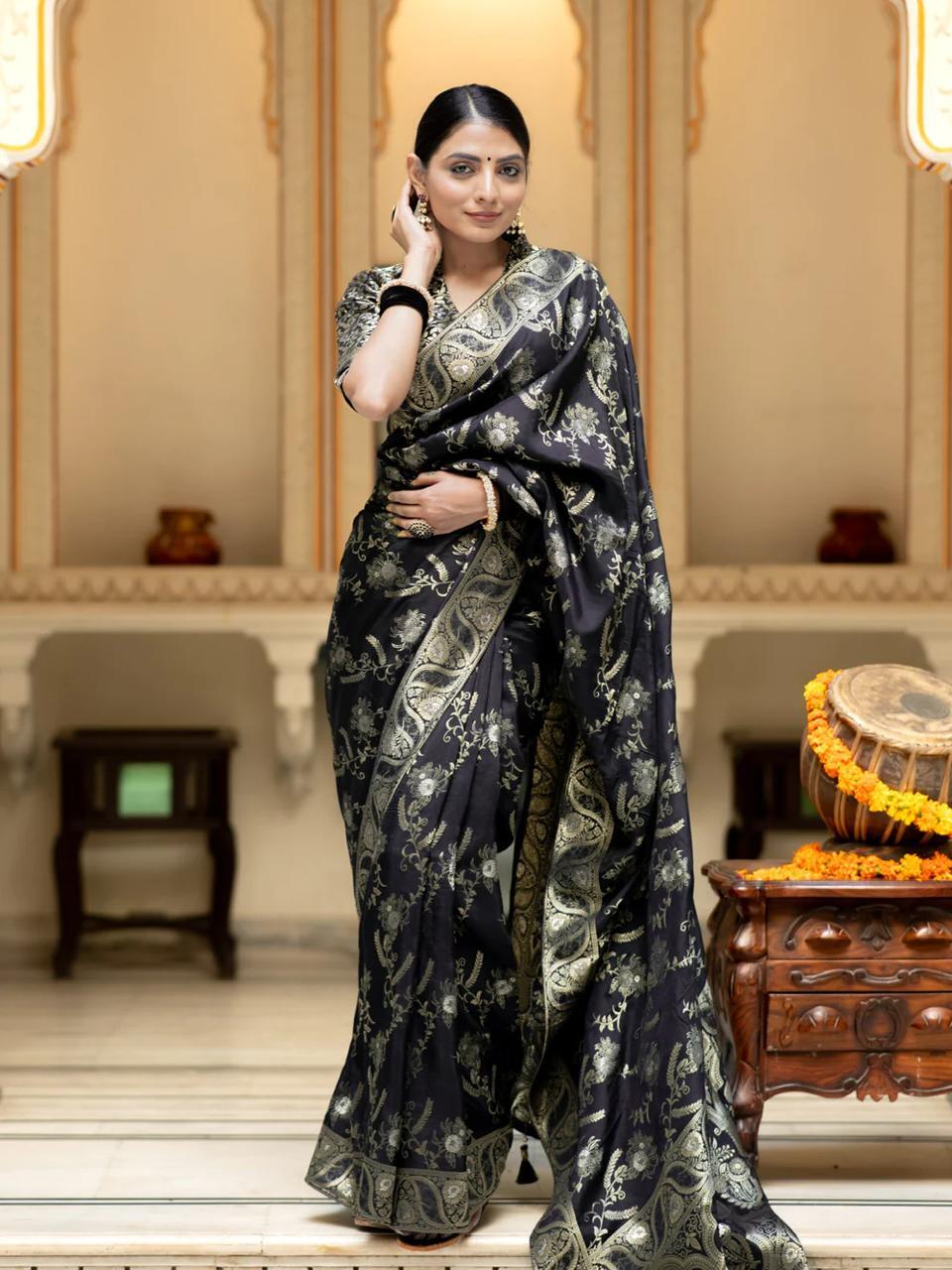Black Silk Saree With Unstitched Brocade Heavy Work Blouse