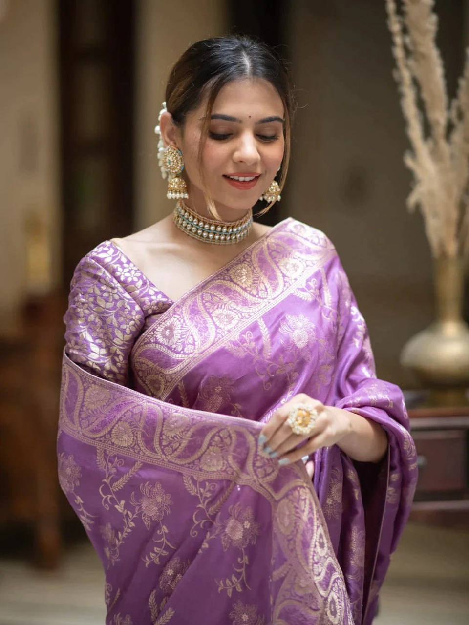 Lavender Silk Saree With Unstitched Brocade Heavy Work Blouse