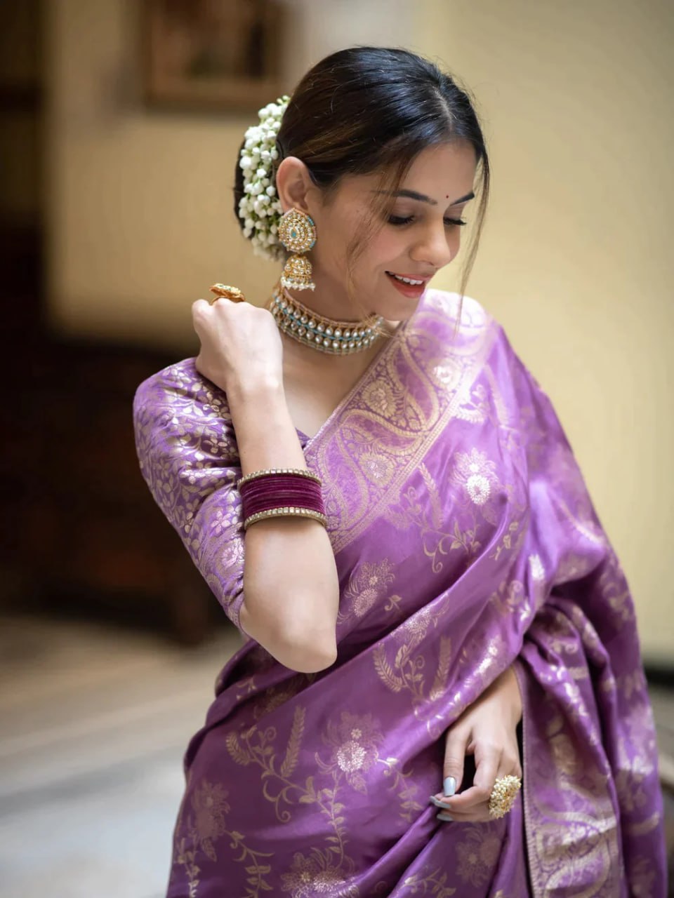 Lavender Silk Saree With Unstitched Brocade Heavy Work Blouse