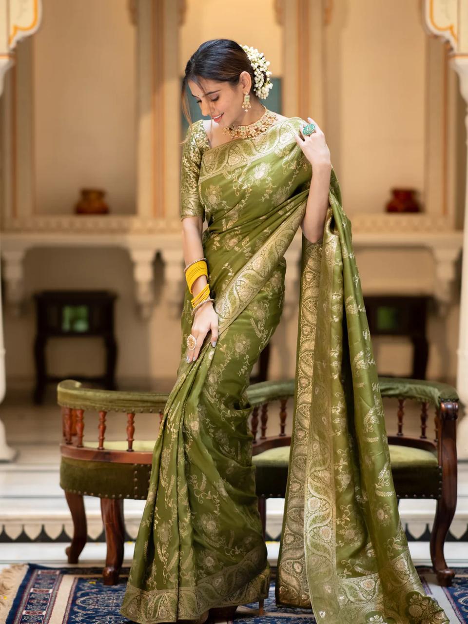 Mehandi Silk Saree With Unstitched Brocade Heavy Work Blouse