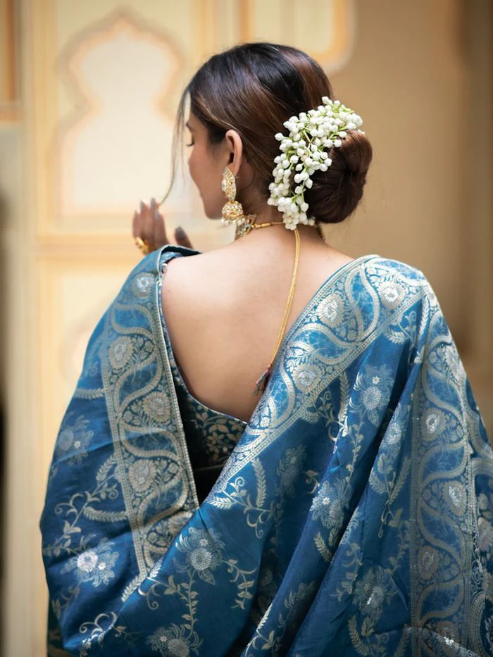 Rama Silk Saree With Unstitched Brocade Heavy Work Blouse
