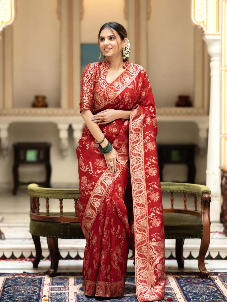 Red Silk Saree With Unstitched Brocade Heavy Work Blouse