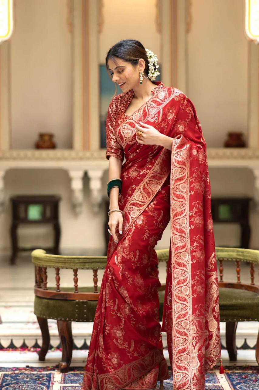 Red Silk Saree With Unstitched Brocade Heavy Work Blouse