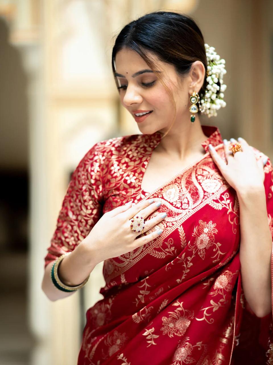 Red Silk Saree With Unstitched Brocade Heavy Work Blouse
