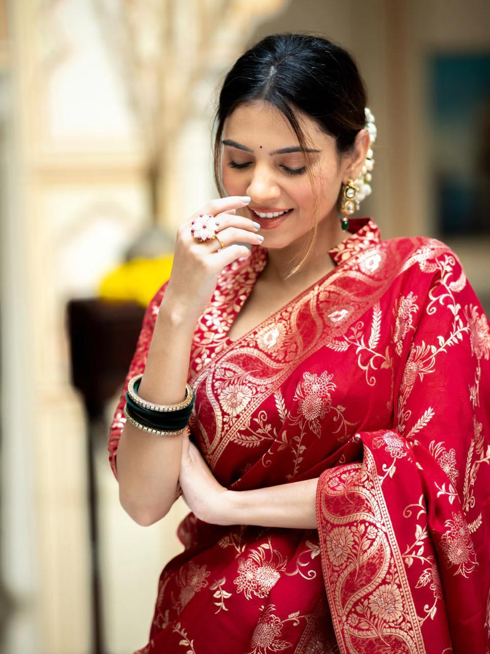 Red Silk Saree With Unstitched Brocade Heavy Work Blouse