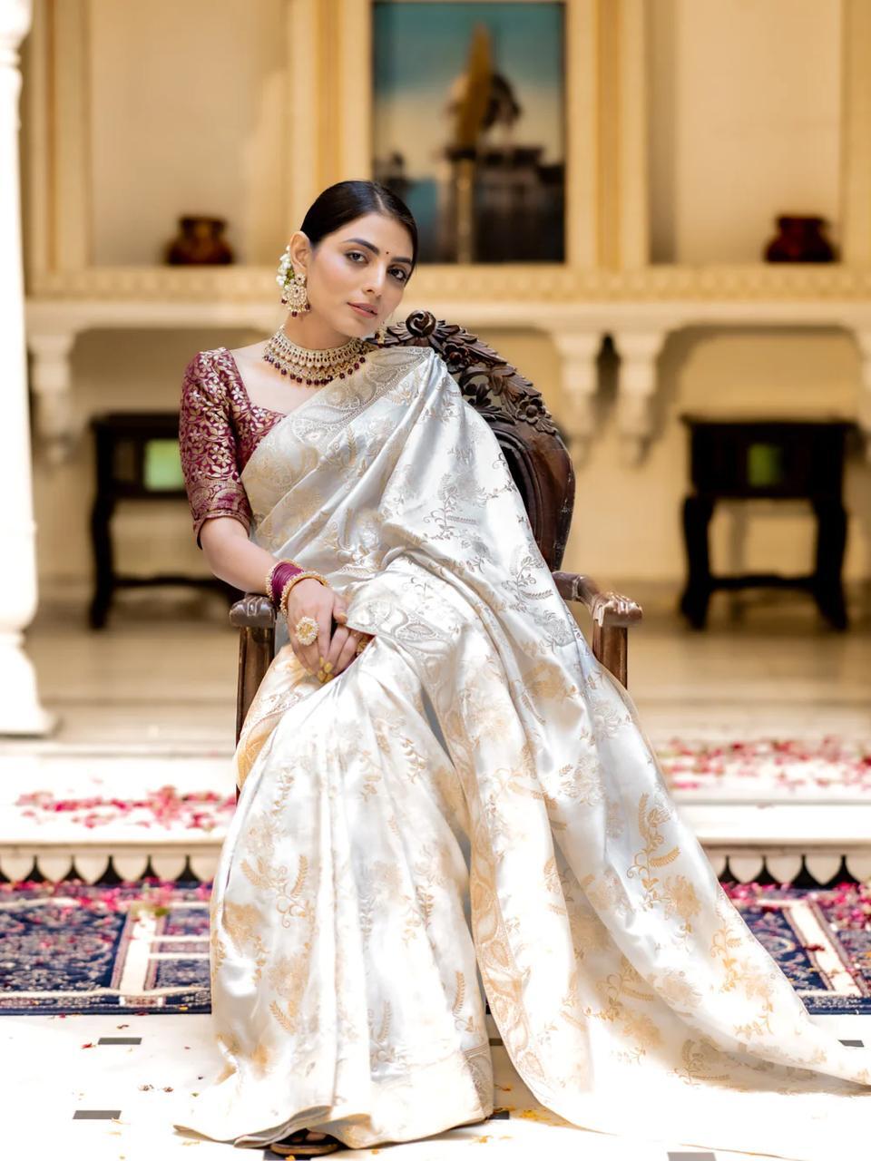 White Silk Saree With Unstitched Brocade Heavy Work Blouse