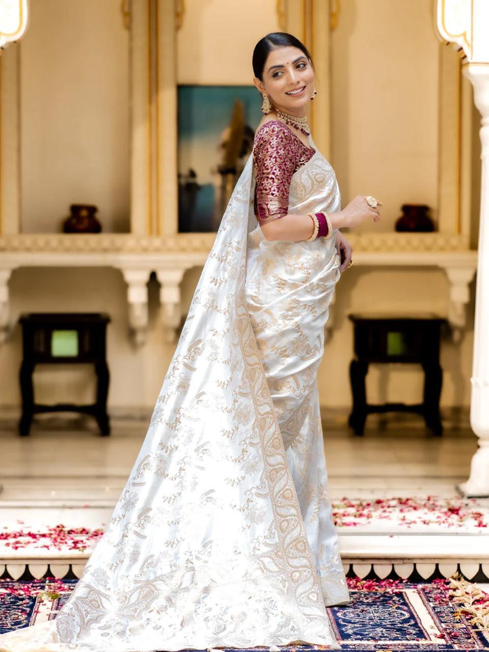 White Silk Saree With Unstitched Brocade Heavy Work Blouse