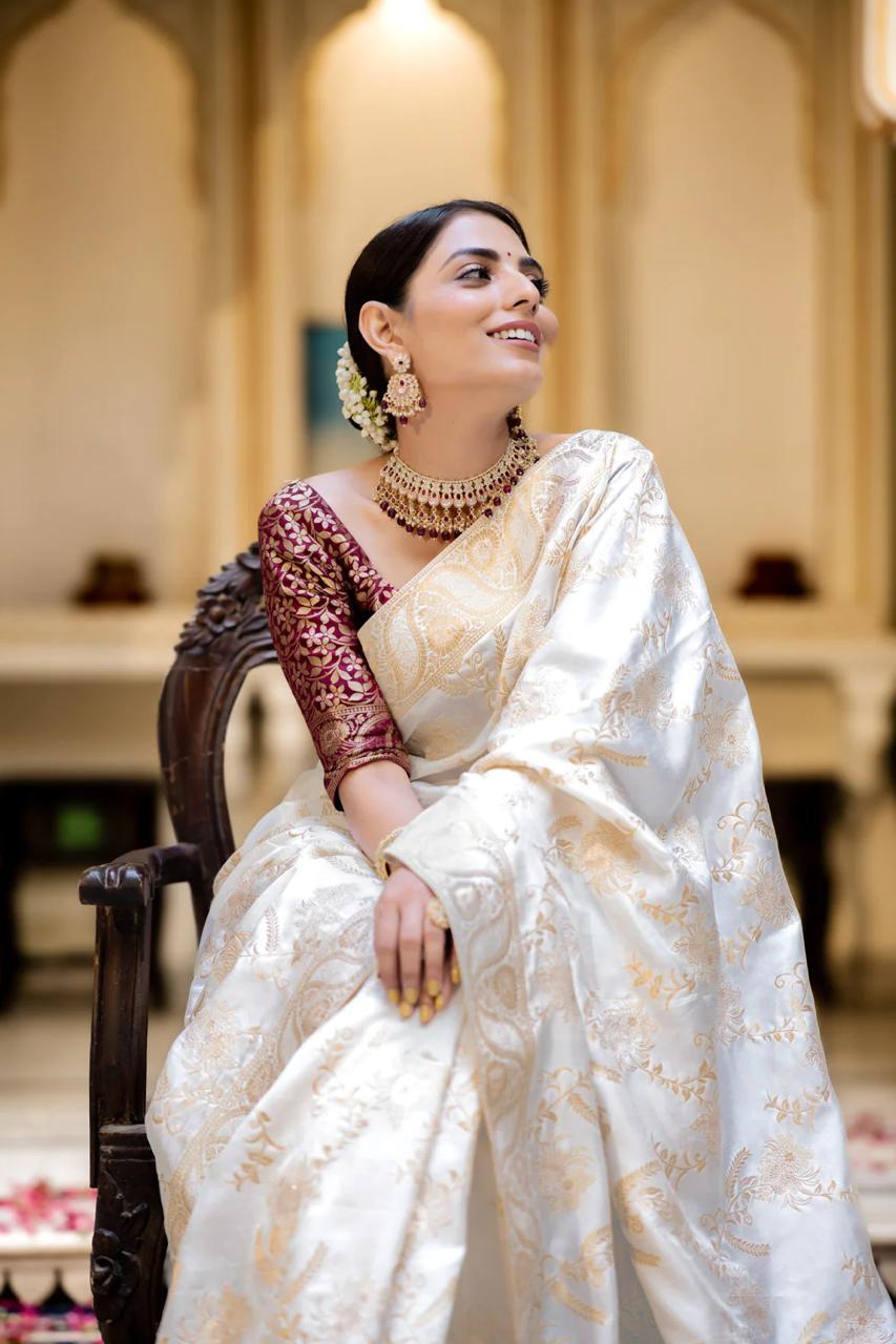 White Silk Saree With Unstitched Brocade Heavy Work Blouse