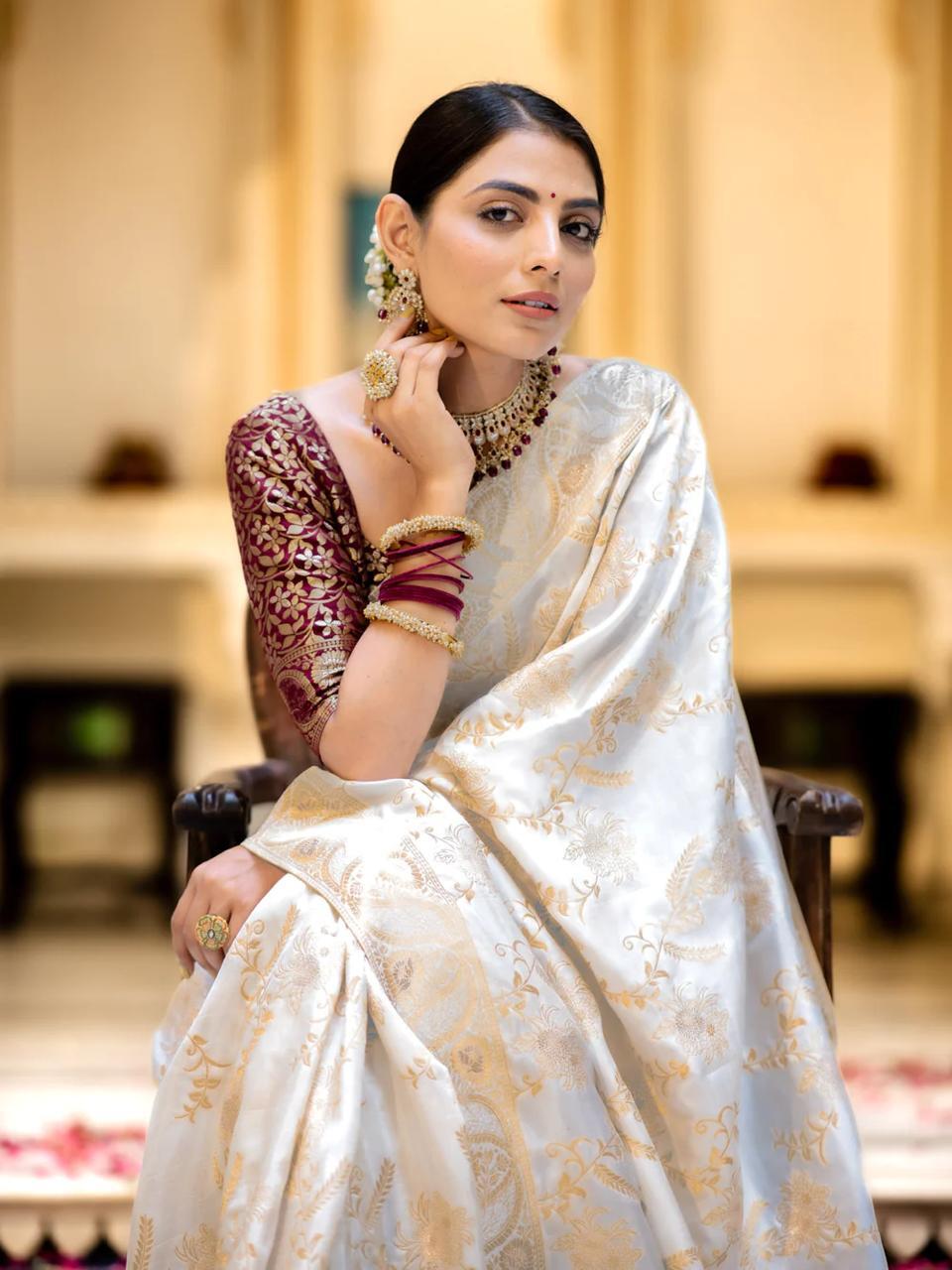 White Silk Saree With Unstitched Brocade Heavy Work Blouse