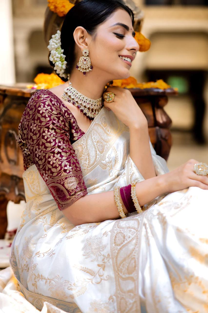 White Silk Saree With Unstitched Brocade Heavy Work Blouse