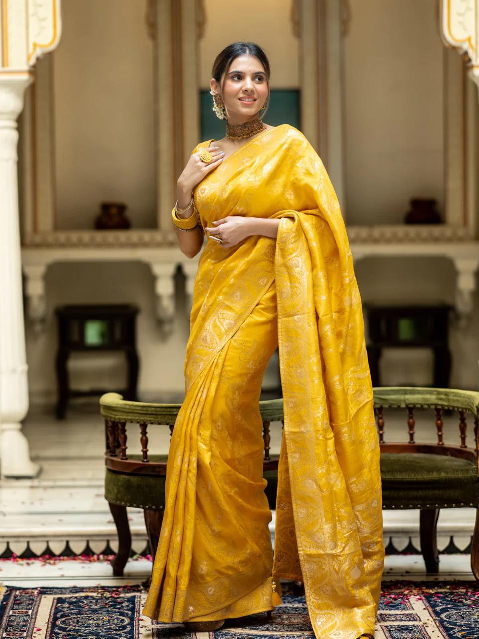 Yellow Silk Saree With Unstitched Brocade Heavy Work Blouse