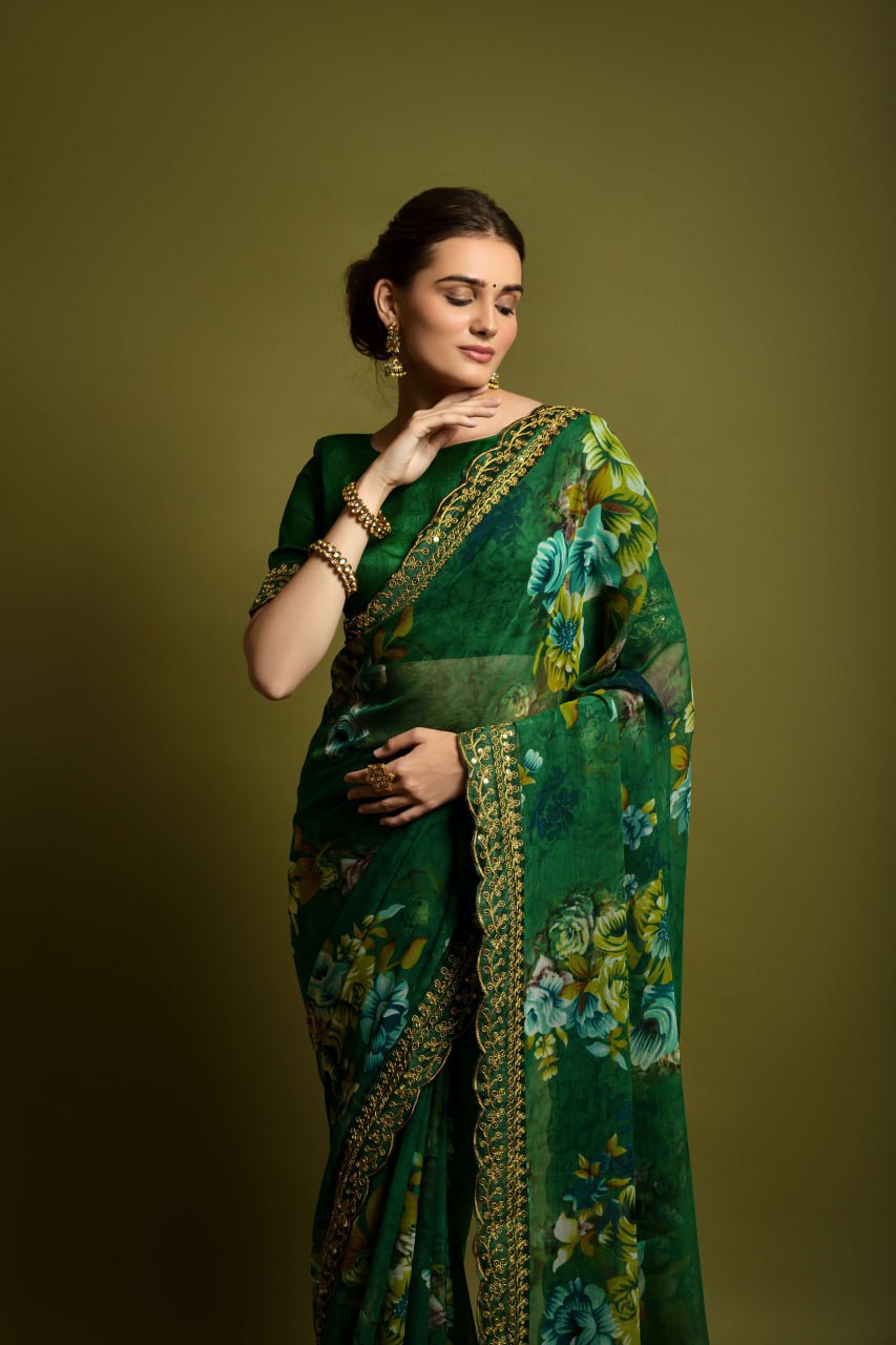 Green Floral Georgette Chiffon Saree With Unstitched Heavy Bengalori Sarttin Blouse