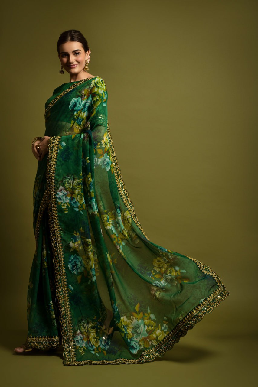 Green Floral Georgette Chiffon Saree With Unstitched Heavy Bengalori Sarttin Blouse