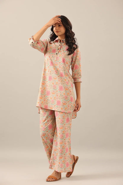 Floral Printed Multicolor Long Top And Palazzo co-ord set