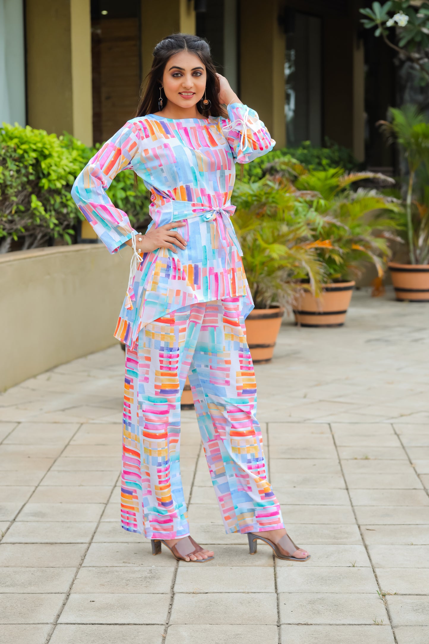 Geometrical Printed Multicolor Top And Palazzo co-ord set