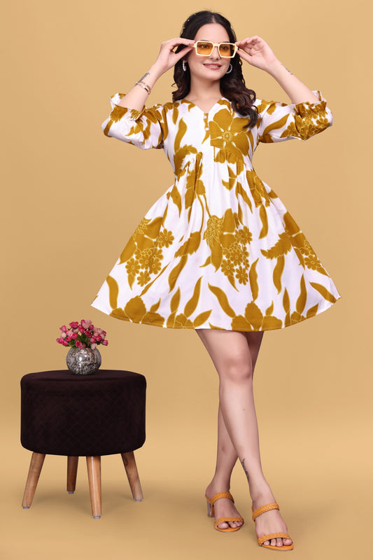 White Digital Floral Yellow Print V Neck Rayon Long Top For Women