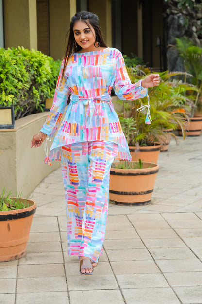 Geometrical Printed Multicolor Top And Palazzo co-ord set