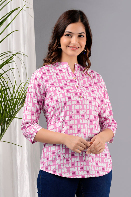 Zesty Geometrical Printed 3/4 Sleeve Ladies Cotton Pink Top for Women
