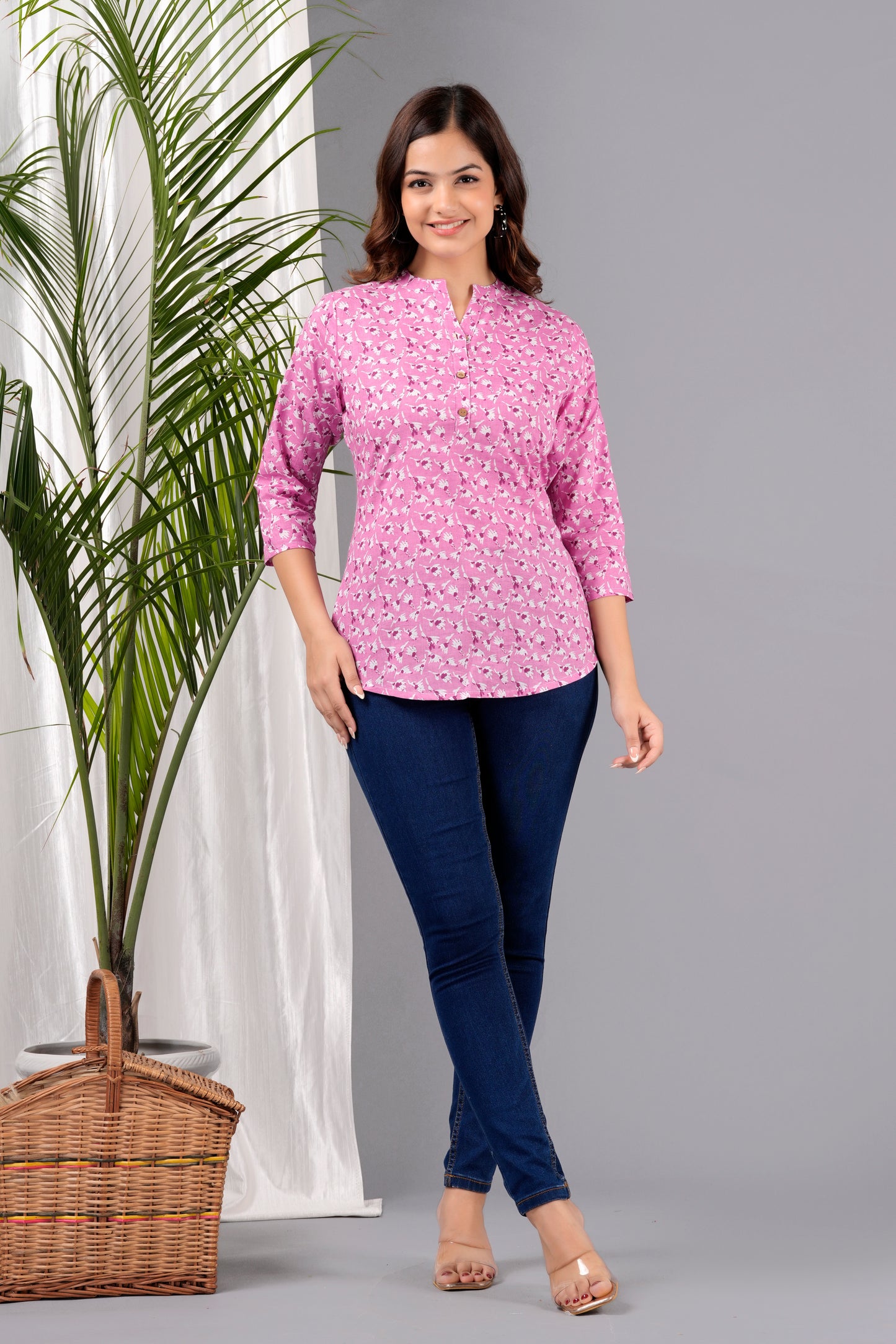 Zesty Printed 3/4 Sleeve Ladies Cotton Pink Top for Women