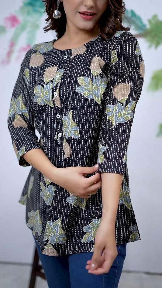 Grey Floral Print Round Neck Rayon Top For Women