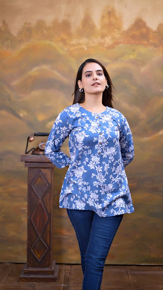 Blue Floral Print Round Neck Rayon Top For Women
