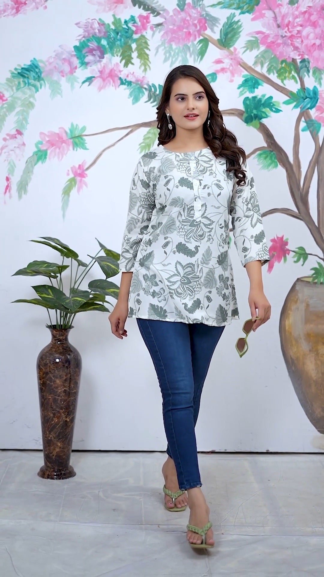 White Floral Print Round Neck Rayon Top For Women