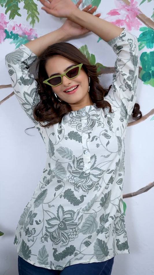 White Floral Print Round Neck Rayon Top For Women
