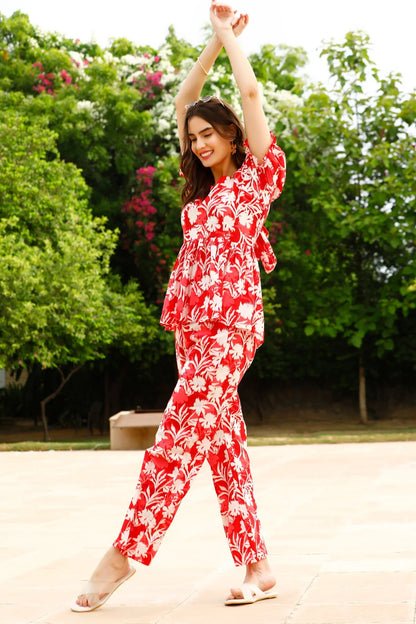 Floral Printed Red Top And Palazzo co-ord set