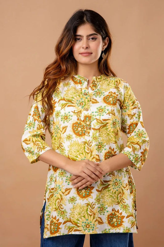 Yellow Jaipuri Printed Cotton Short Kurti Top Set for Women