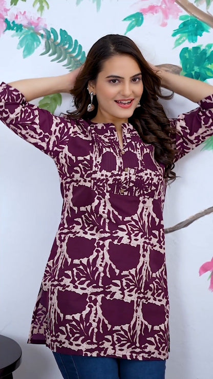 Purple Digital Geometrical Print, Heavy Rayon Round Neck Rayon Top For Women