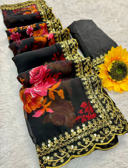 Black Floral Georgette Chiffon Saree With Unstitched Heavy Bengalori Sarttin Blouse