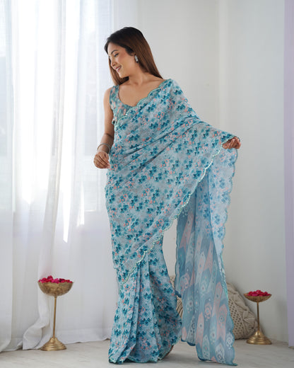 Heavy Chinnon Multicolor Saree With Unstitched Printed, Kutchi Mirror Lace Work Blouse