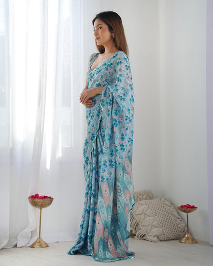 Heavy Chinnon Multicolor Saree With Unstitched Printed, Kutchi Mirror Lace Work Blouse